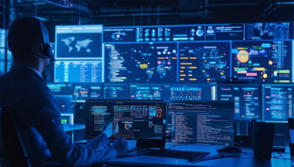 An image of a Security Operations Centre (SOC) with real human beings monitoring and improving a business's security, detecting and responding to cyber threats in real time, documenting every detection, and providing compliance management.