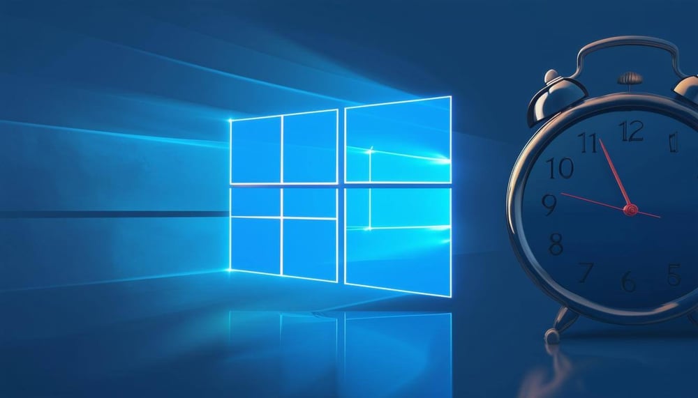 An image of a Windows 10 logo with a clock ticking in the background, symbolizing the approaching end of support for the operating system.