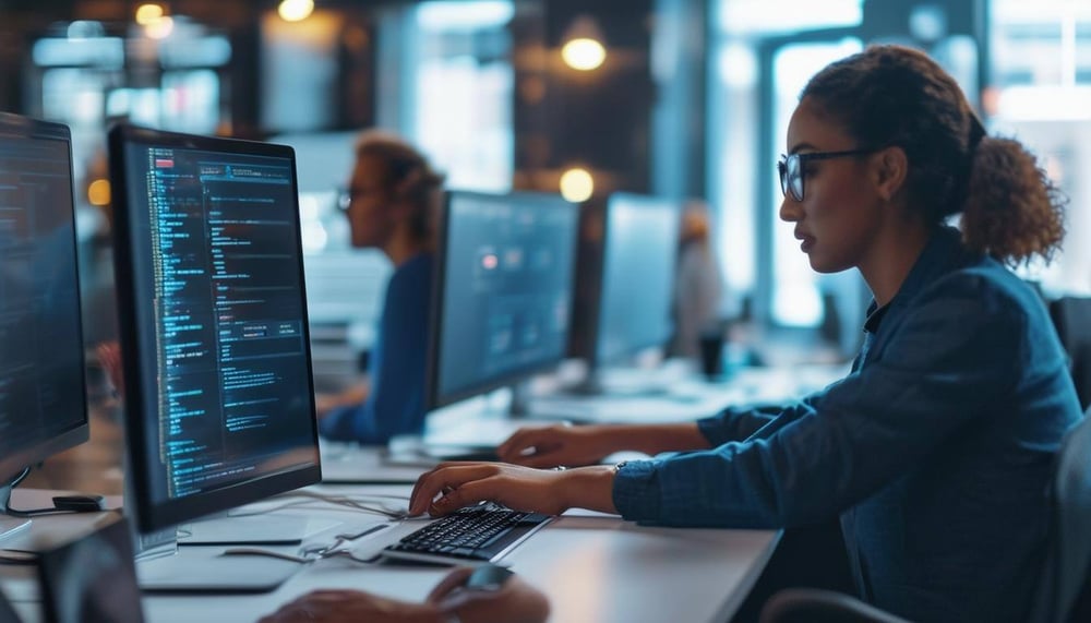 An image of a business setting with employees working on computers, using password management tools and practicing good cyber hygiene.