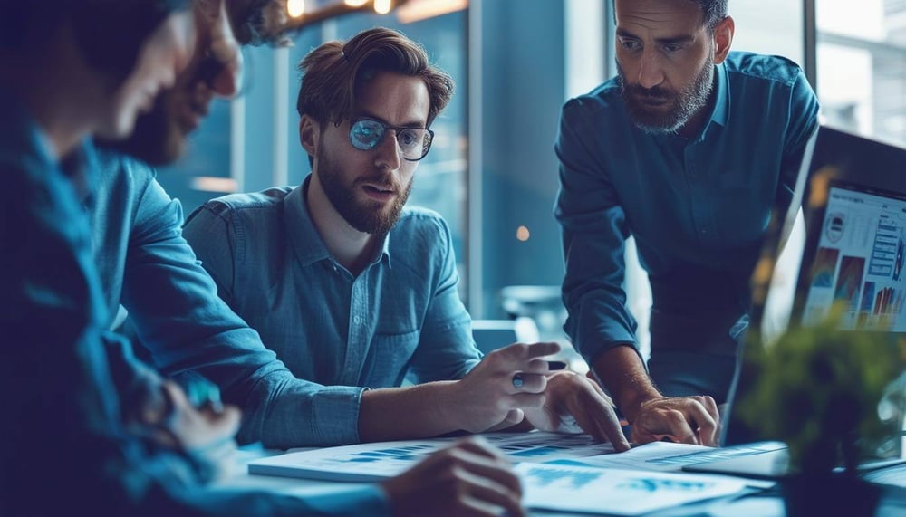 An image of a team conducting a Business Impact Analysis (BIA) to assess and improve various aspects of their business operations, including cybersecurity measures, hardware conditions, disaster preparedness, and communication strategies.