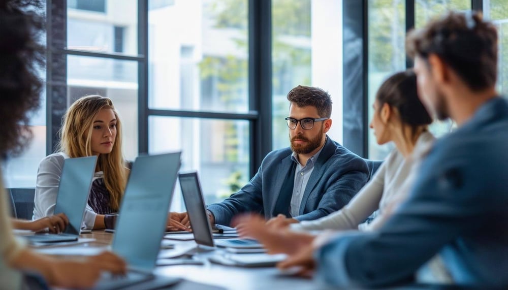 An image of a workplace with employees engaging in cybersecurity training, health and safety meetings, and HR department collaboration with the IT department to improve privacy and security measures.