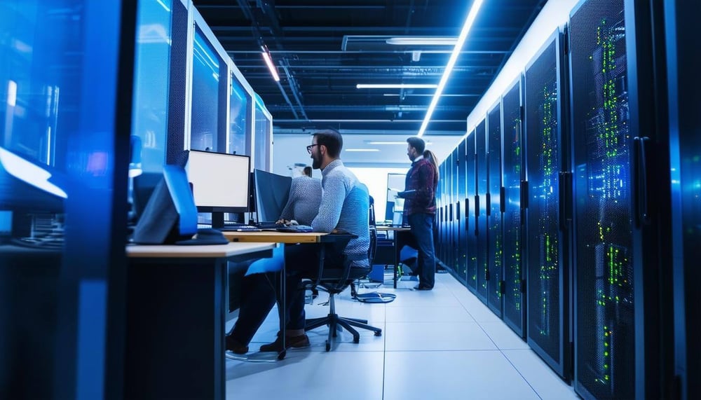 An office with multiple computers and servers, along with IT professionals working on maintaining the systems.