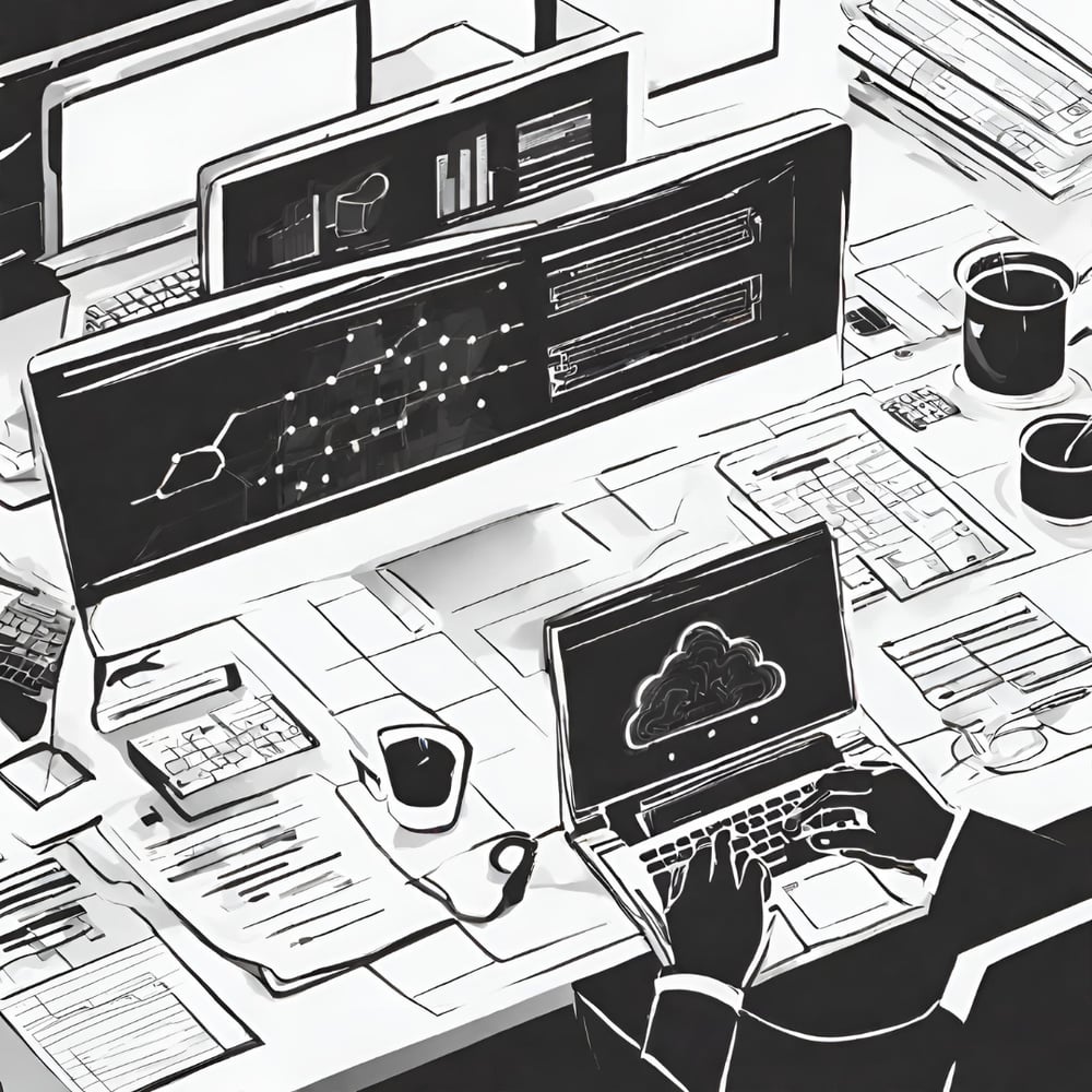 black and white line drawing of a desk with many devices on it