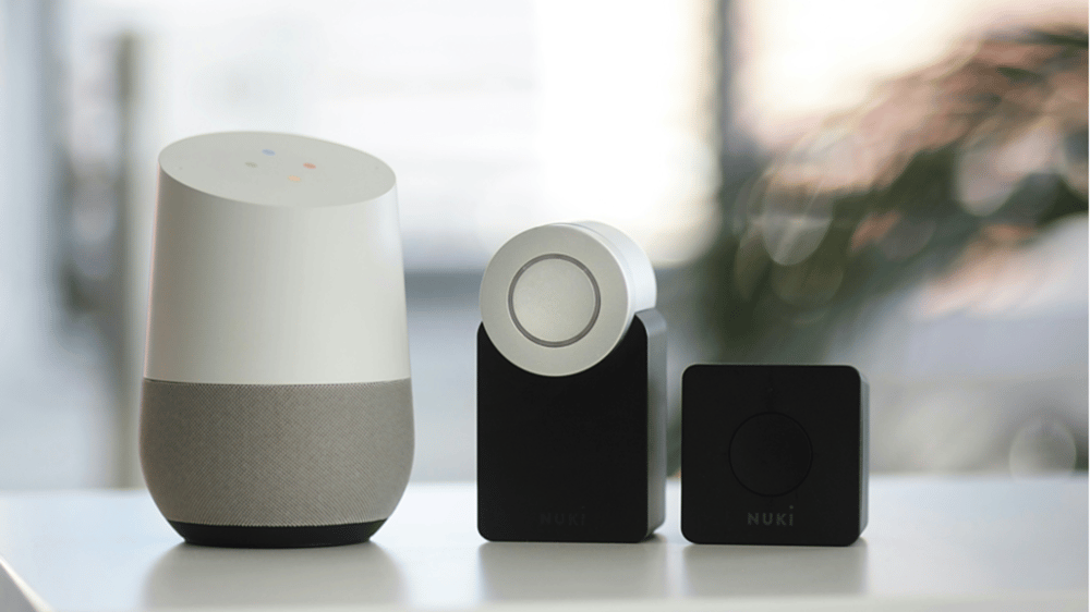 smart home devices sitting on a counter in a home
