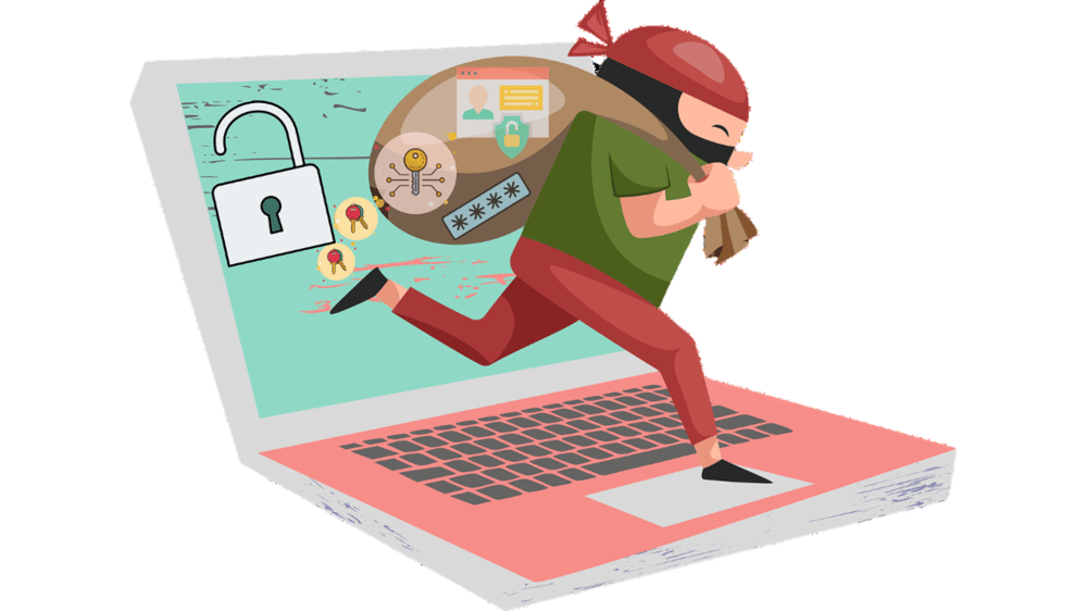 cartoon thief running over a laptop with a bag of data